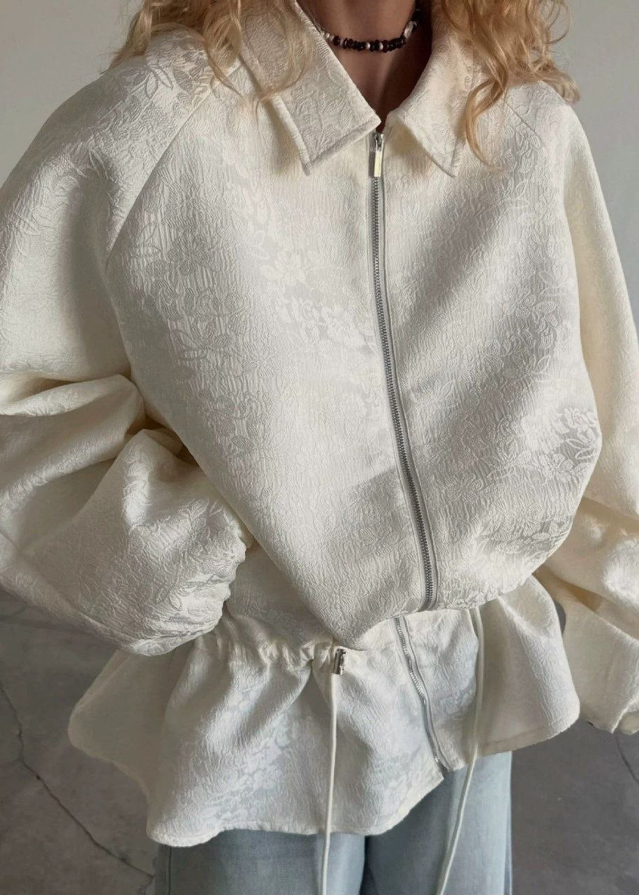 Ivory Jacquard Peplum Drawstring Jacket