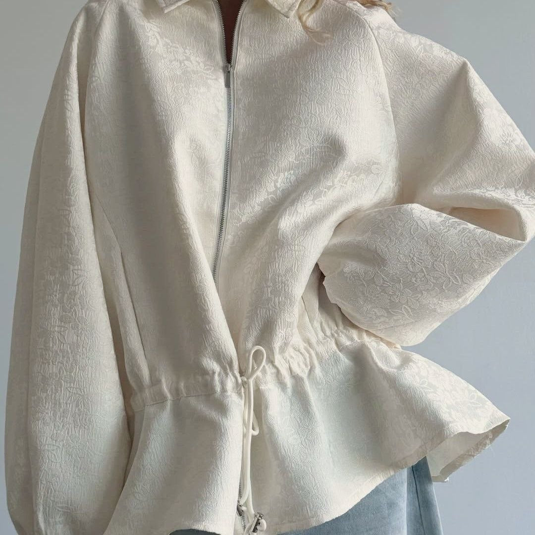 Ivory Jacquard Peplum Drawstring Jacket