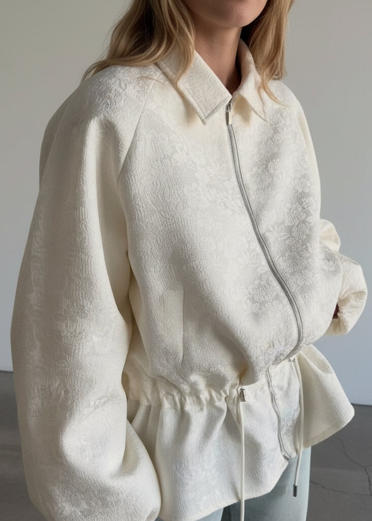 Ivory Jacquard Peplum Drawstring Jacket