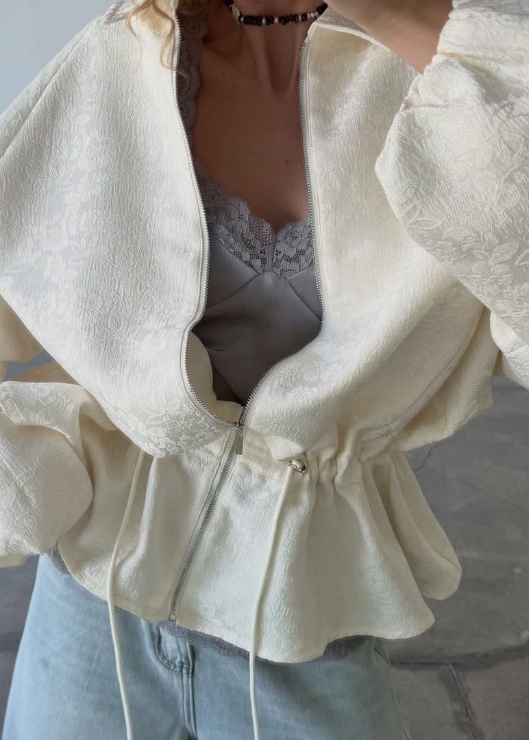 Ivory Jacquard Peplum Drawstring Jacket