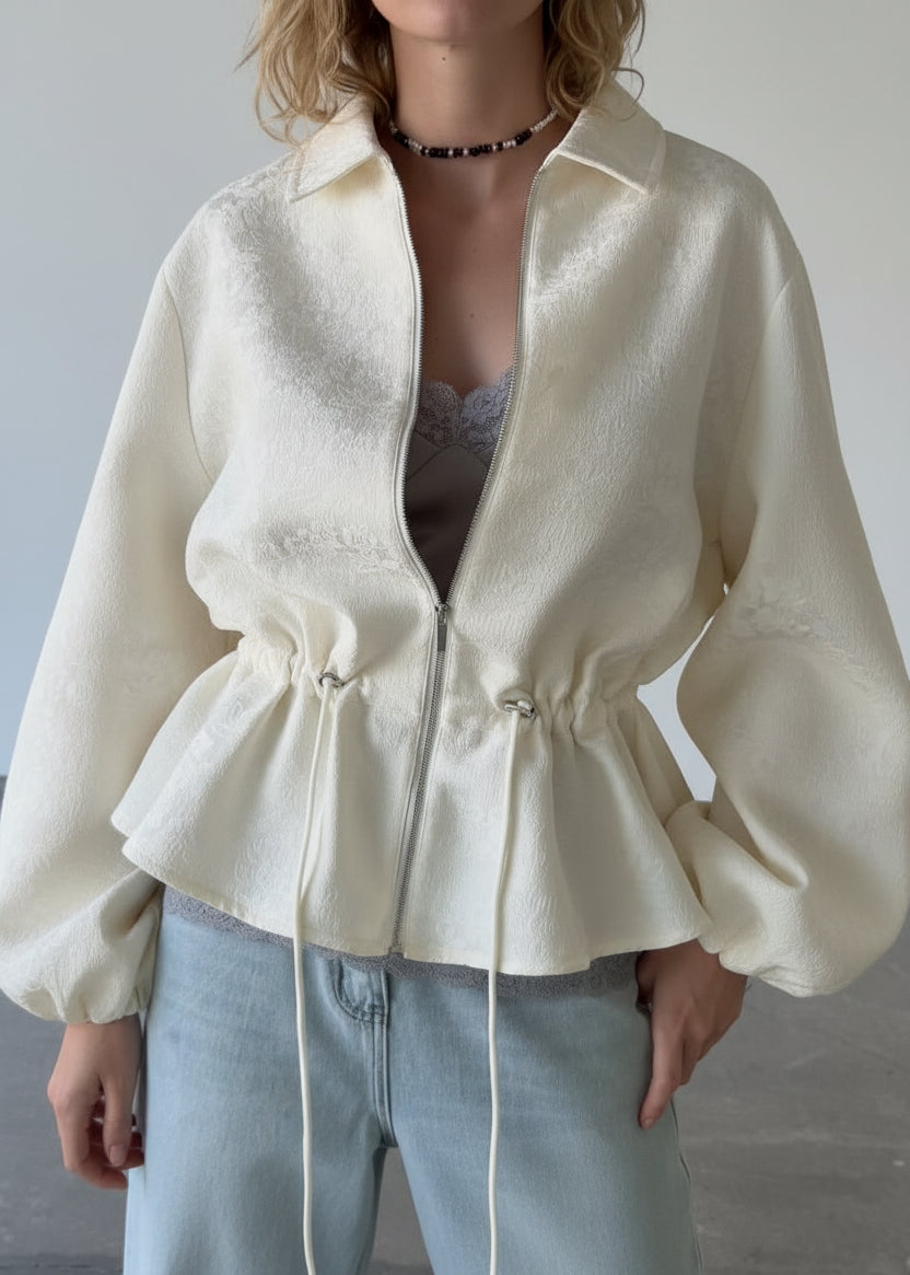 Ivory Jacquard Peplum Drawstring Jacket