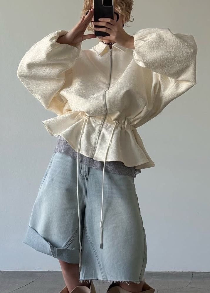 Ivory Jacquard Peplum Drawstring Jacket