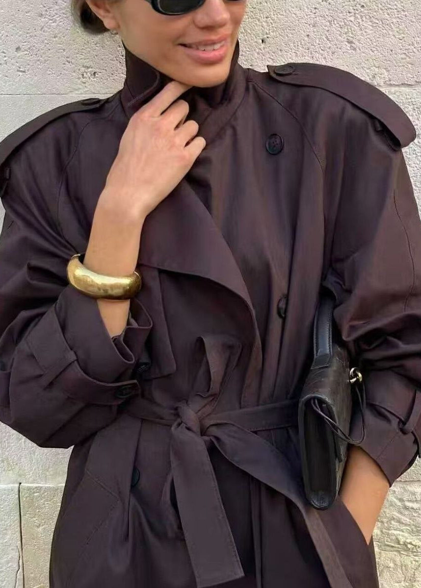 Monroe Chocolate Brown Double-Breasted Maxi Trench Coat