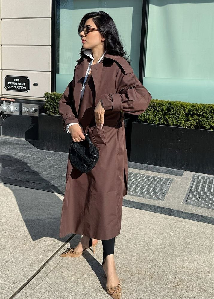 Monroe Chocolate Brown Double-Breasted Maxi Trench Coat