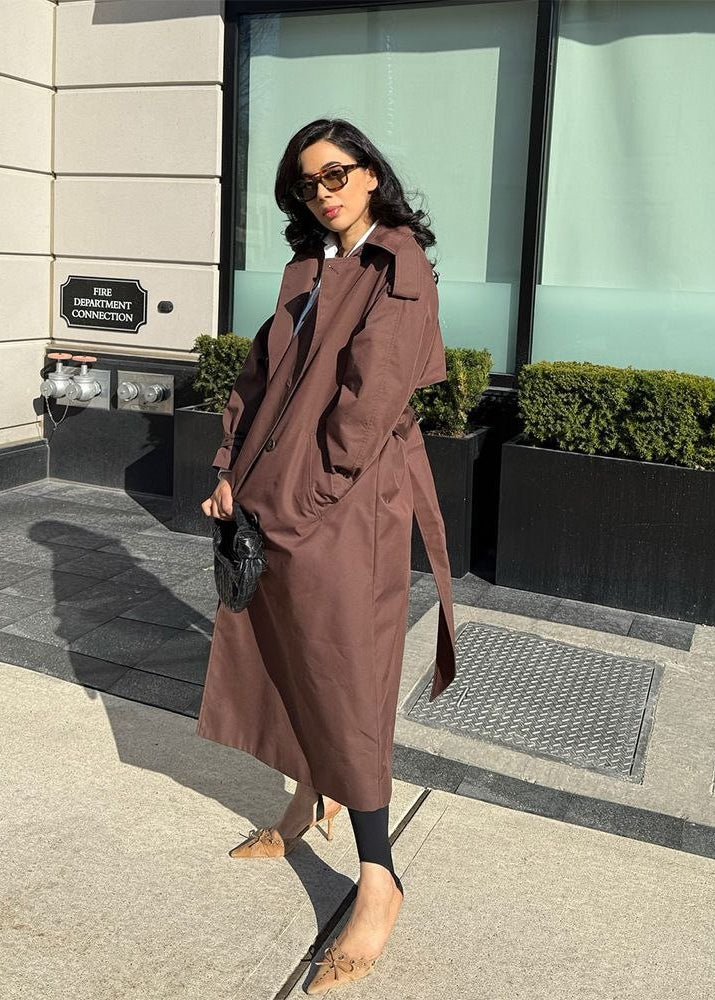 Monroe Chocolate Brown Double-Breasted Maxi Trench Coat