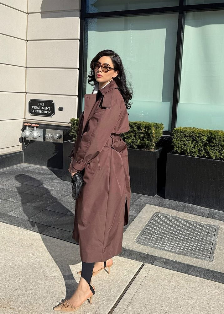 Monroe Chocolate Brown Double-Breasted Maxi Trench Coat