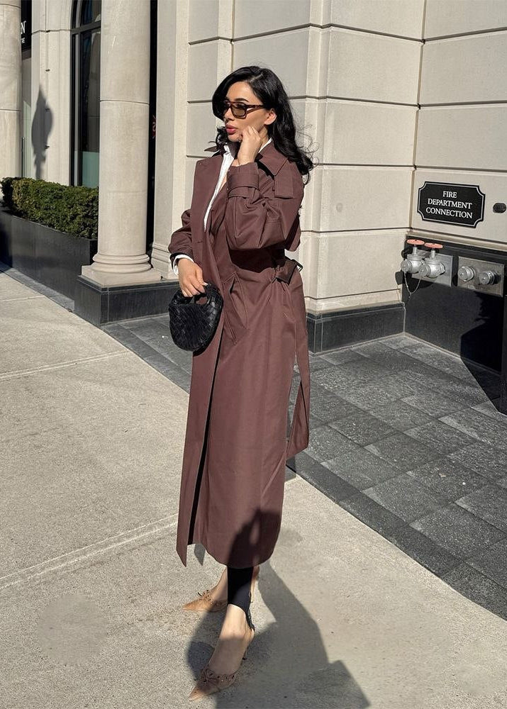 Monroe Chocolate Brown Double-Breasted Maxi Trench Coat