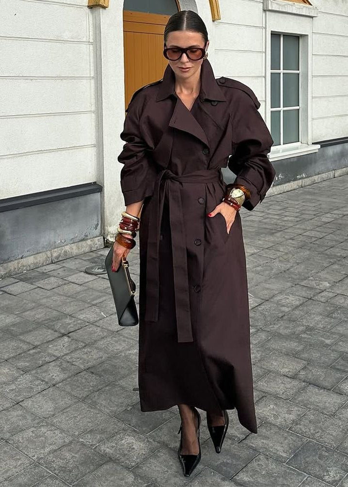 Monroe Chocolate Brown Double-Breasted Maxi Trench Coat