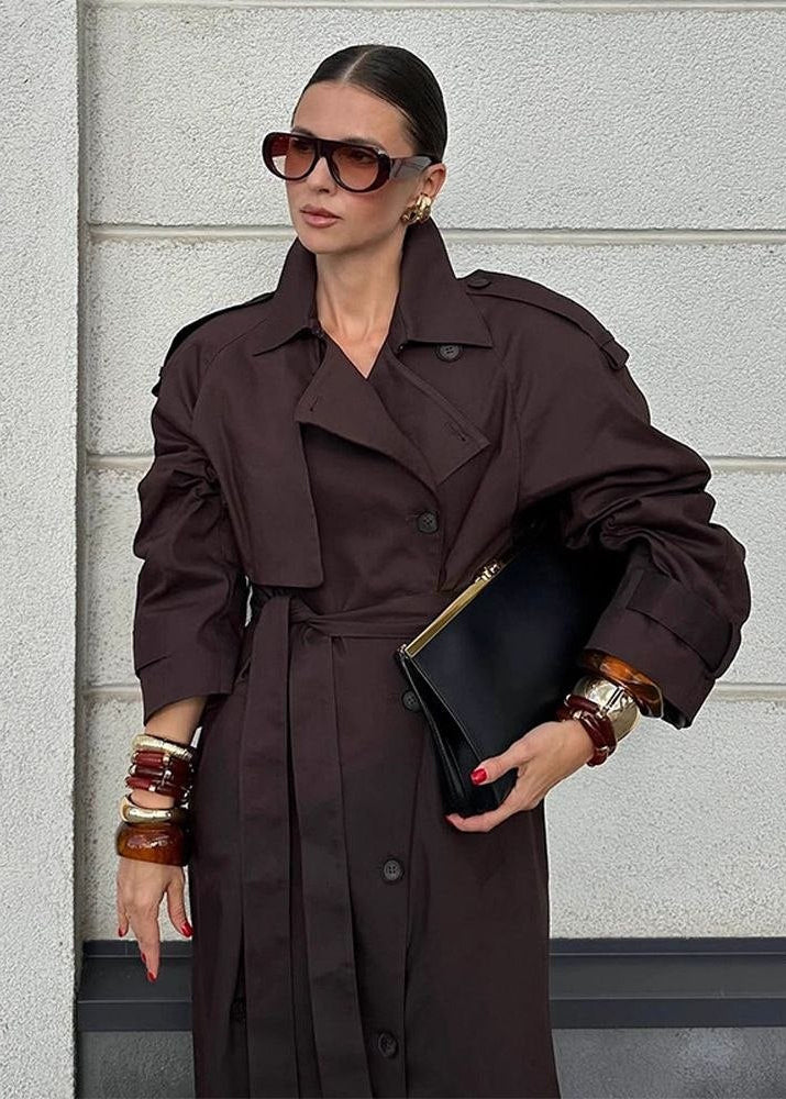 Monroe Chocolate Brown Double-Breasted Maxi Trench Coat