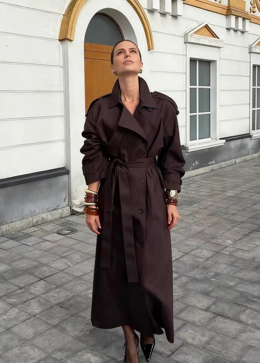 Monroe Chocolate Brown Double-Breasted Maxi Trench Coat