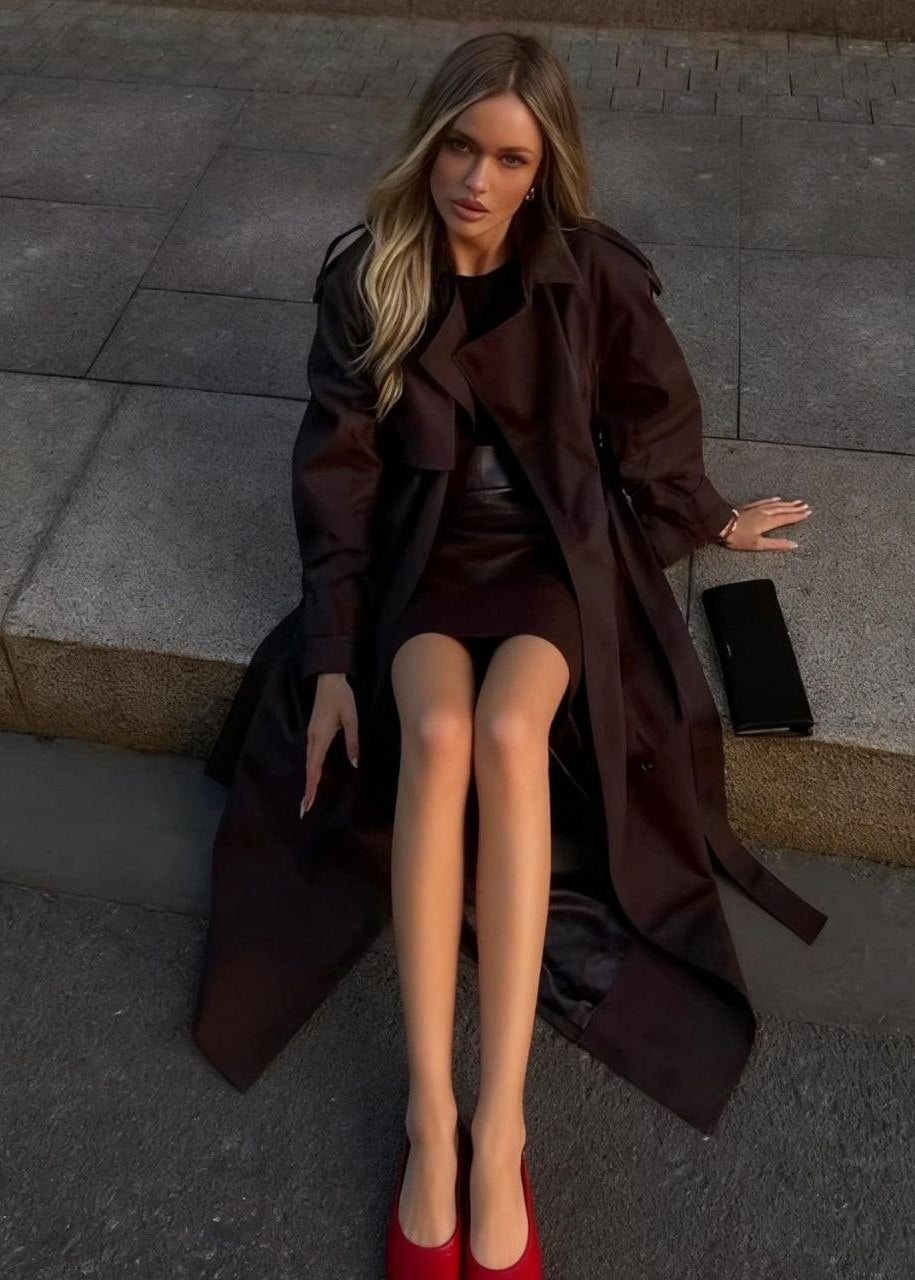 Monroe Chocolate Brown Double-Breasted Maxi Trench Coat
