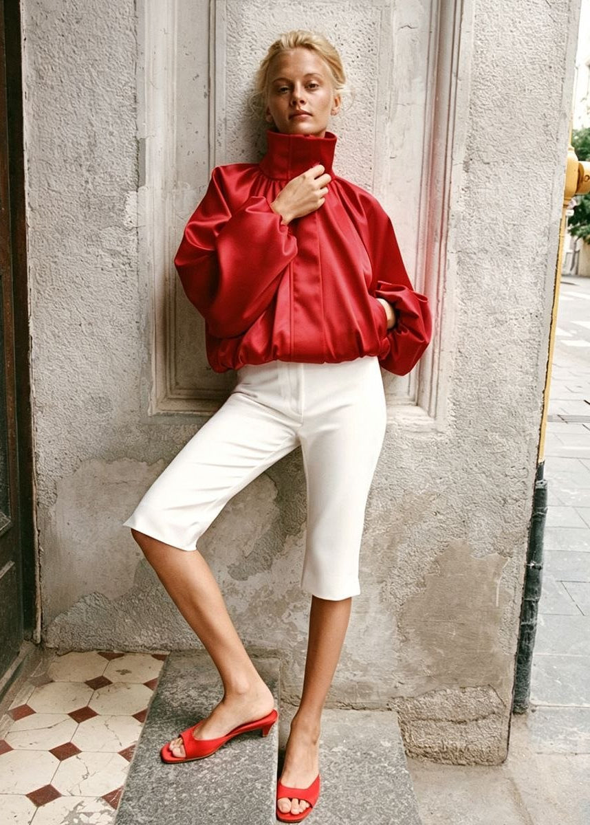 Sienna Satin-Finish Oversized High-Neck Bomber Jacket