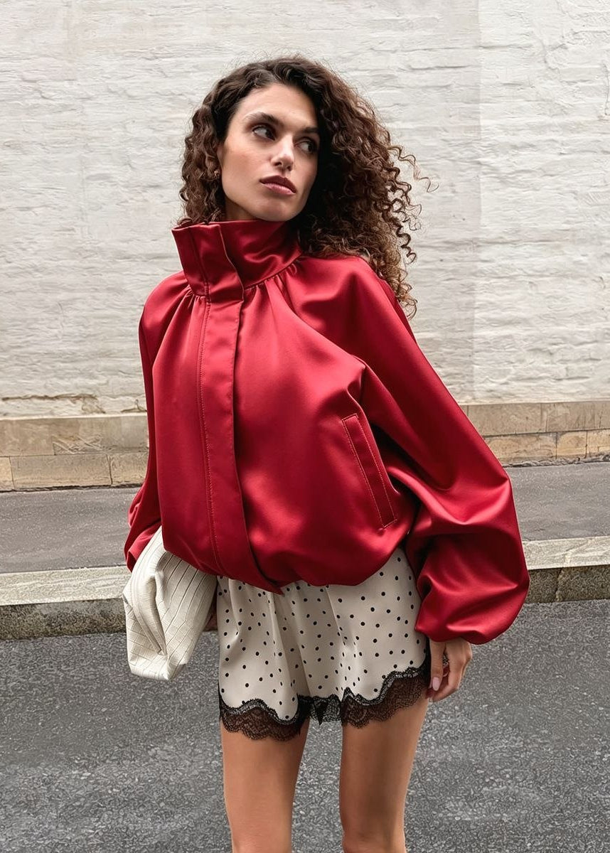 Sienna Satin-Finish Oversized High-Neck Bomber Jacket