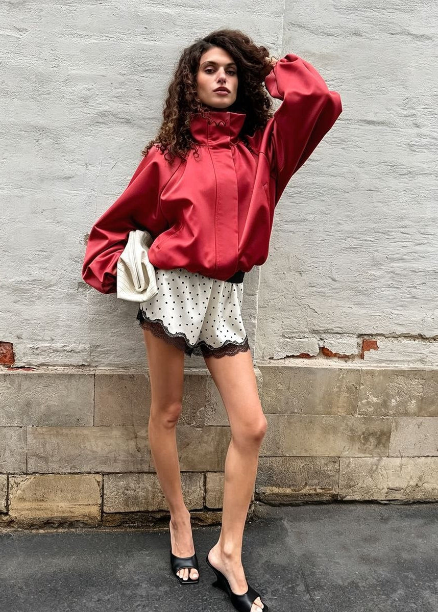 Sienna Satin-Finish Oversized High-Neck Bomber Jacket