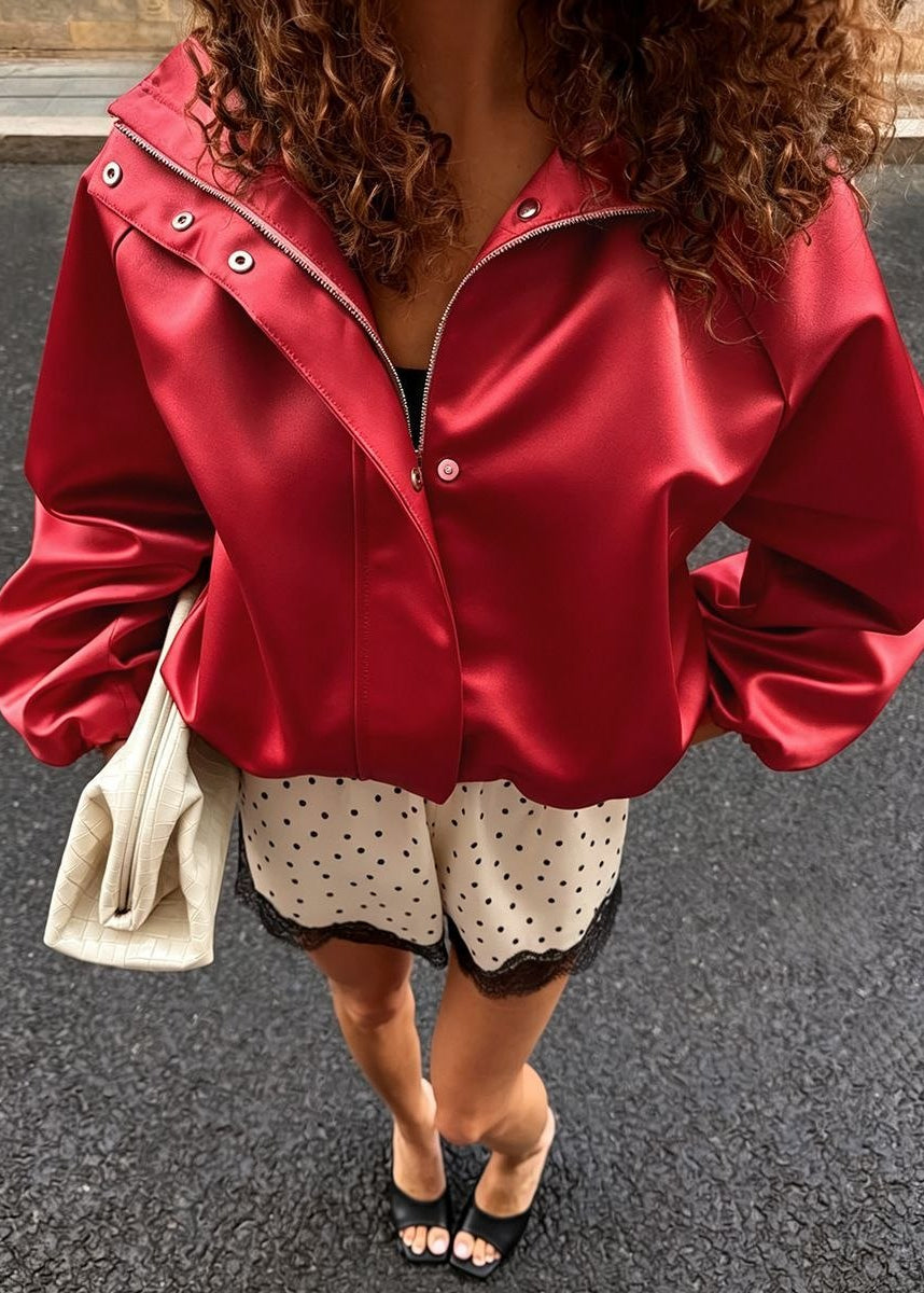 Sienna Satin-Finish Oversized High-Neck Bomber Jacket
