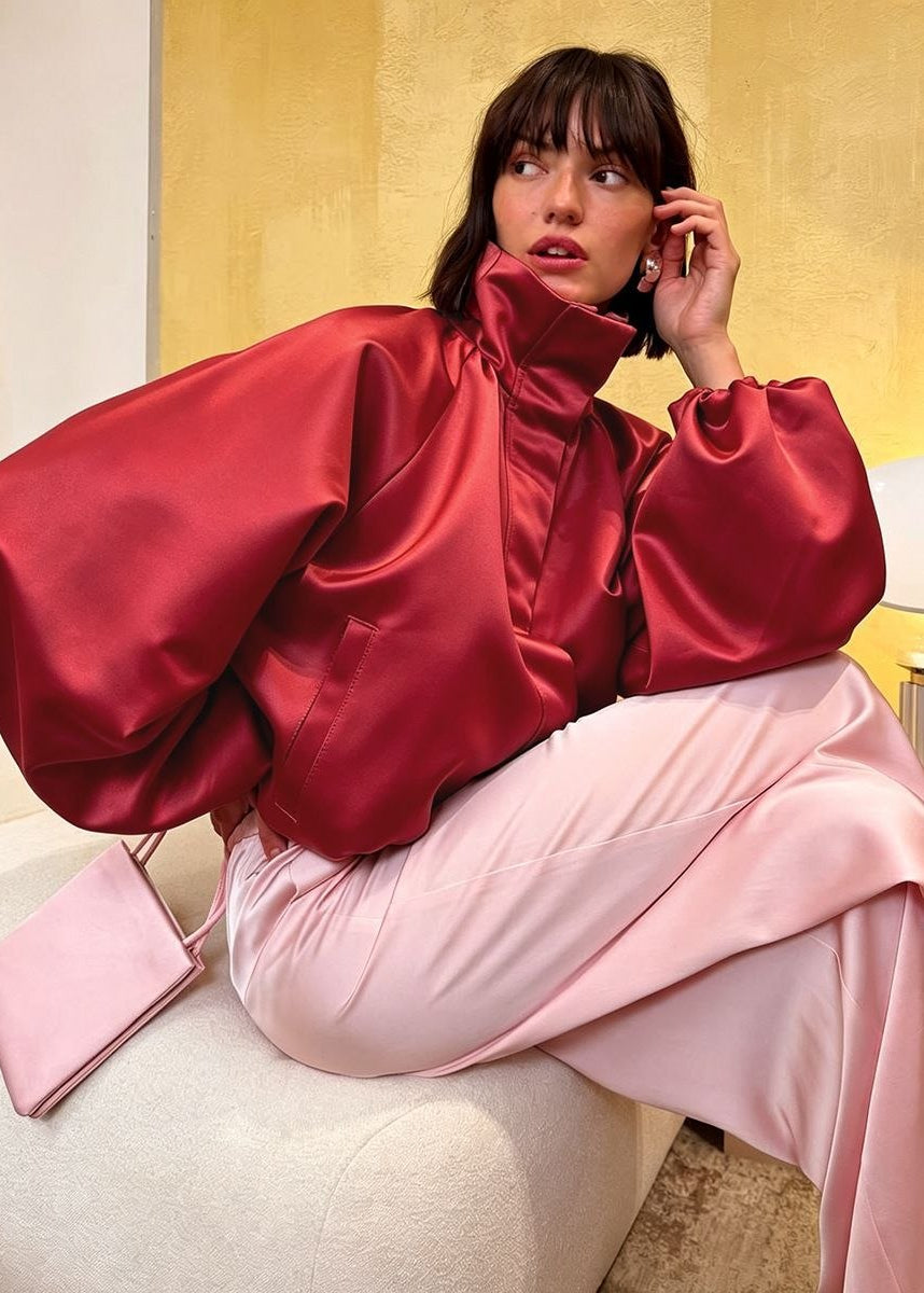 Sienna Satin-Finish Oversized High-Neck Bomber Jacket