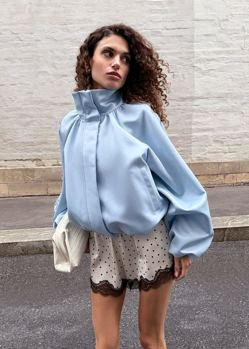 Sienna Satin-Finish Oversized High-Neck Bomber Jacket