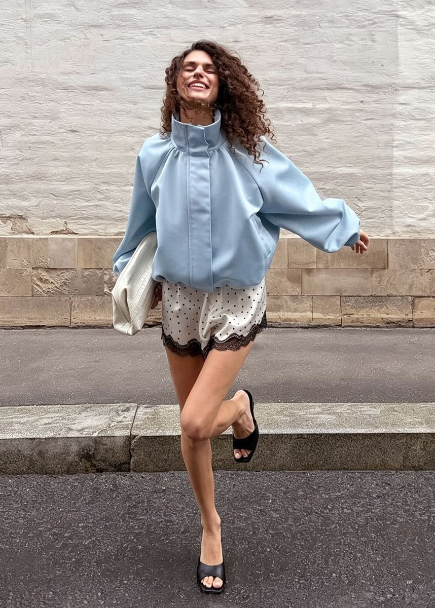 Sienna Satin-Finish Oversized High-Neck Bomber Jacket