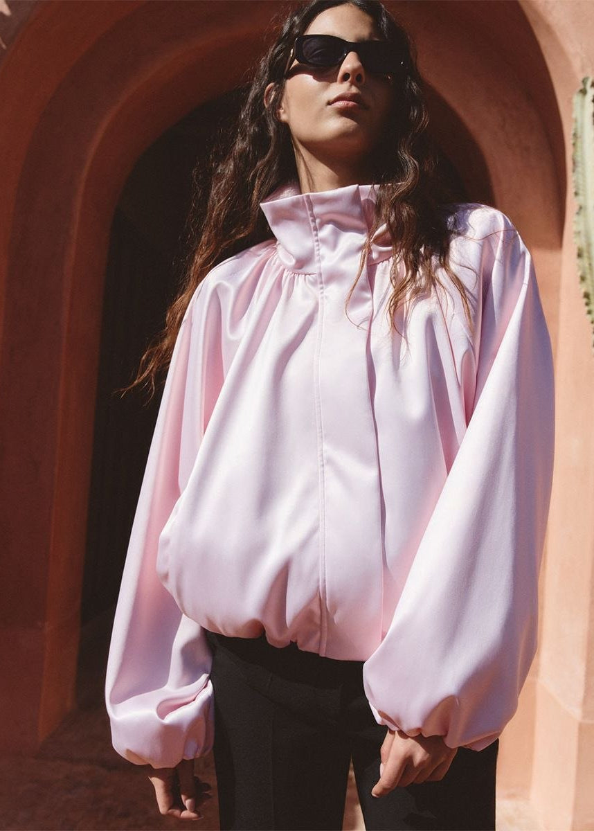 Sienna Satin-Finish Oversized High-Neck Bomber Jacket