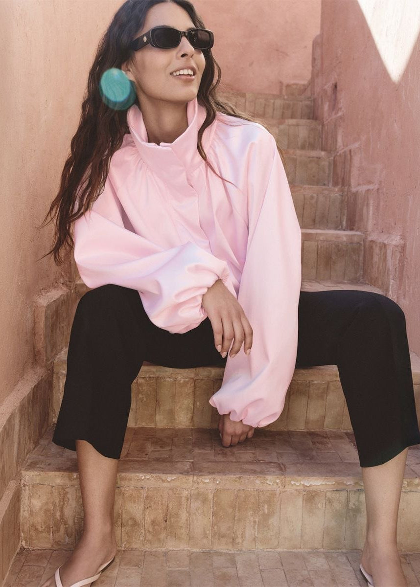 Sienna Satin-Finish Oversized High-Neck Bomber Jacket