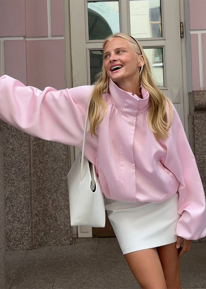 Sienna Satin-Finish Oversized High-Neck Bomber Jacket