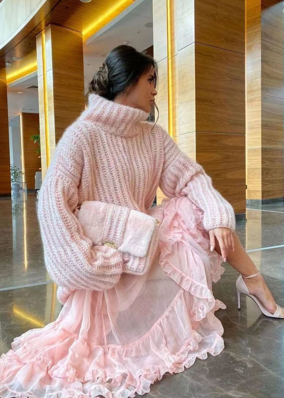 Rosalie Blush Pink Oversized Chunky Knit Turtleneck Sweater