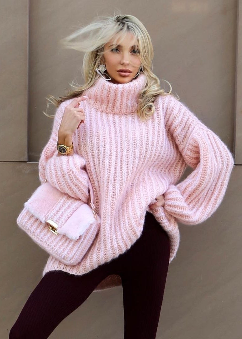 Rosalie Blush Pink Oversized Chunky Knit Turtleneck Sweater