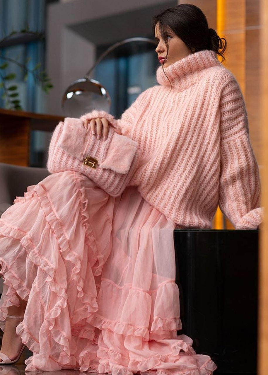 Rosalie Blush Pink Oversized Chunky Knit Turtleneck Sweater