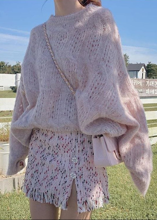 Elowen Soft Open-Knit Oversized Sweater with Balloon Sleeves