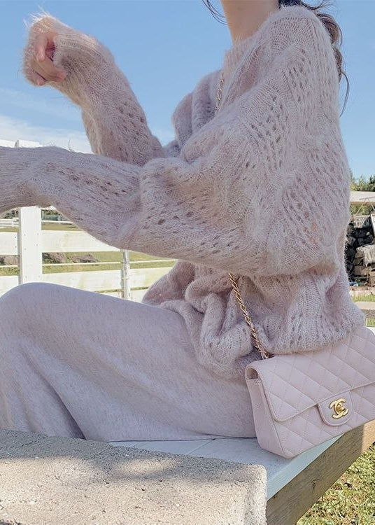 Elowen Soft Open-Knit Oversized Sweater with Balloon Sleeves