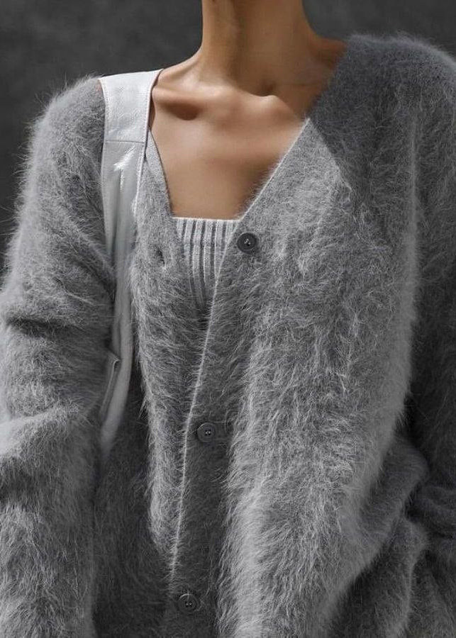 Rosalie Pink Fuzzy V-Neck Cardigan – Soft Oversized Button Sweater