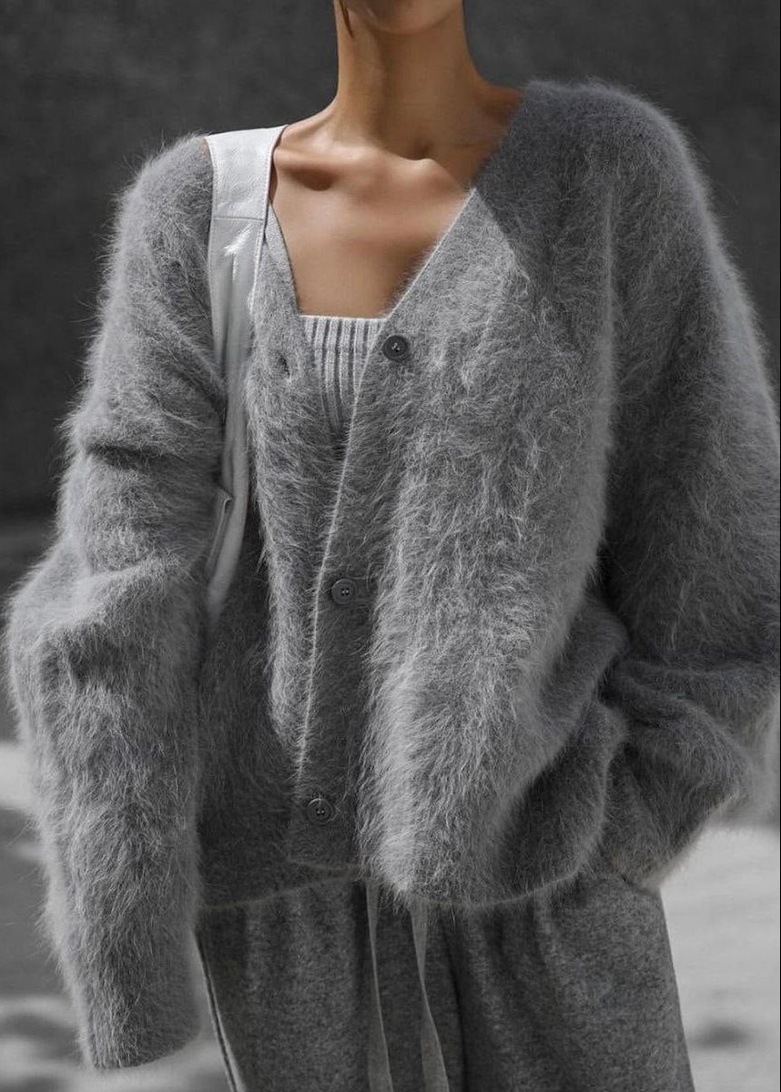 Rosalie Pink Fuzzy V-Neck Cardigan – Soft Oversized Button Sweater