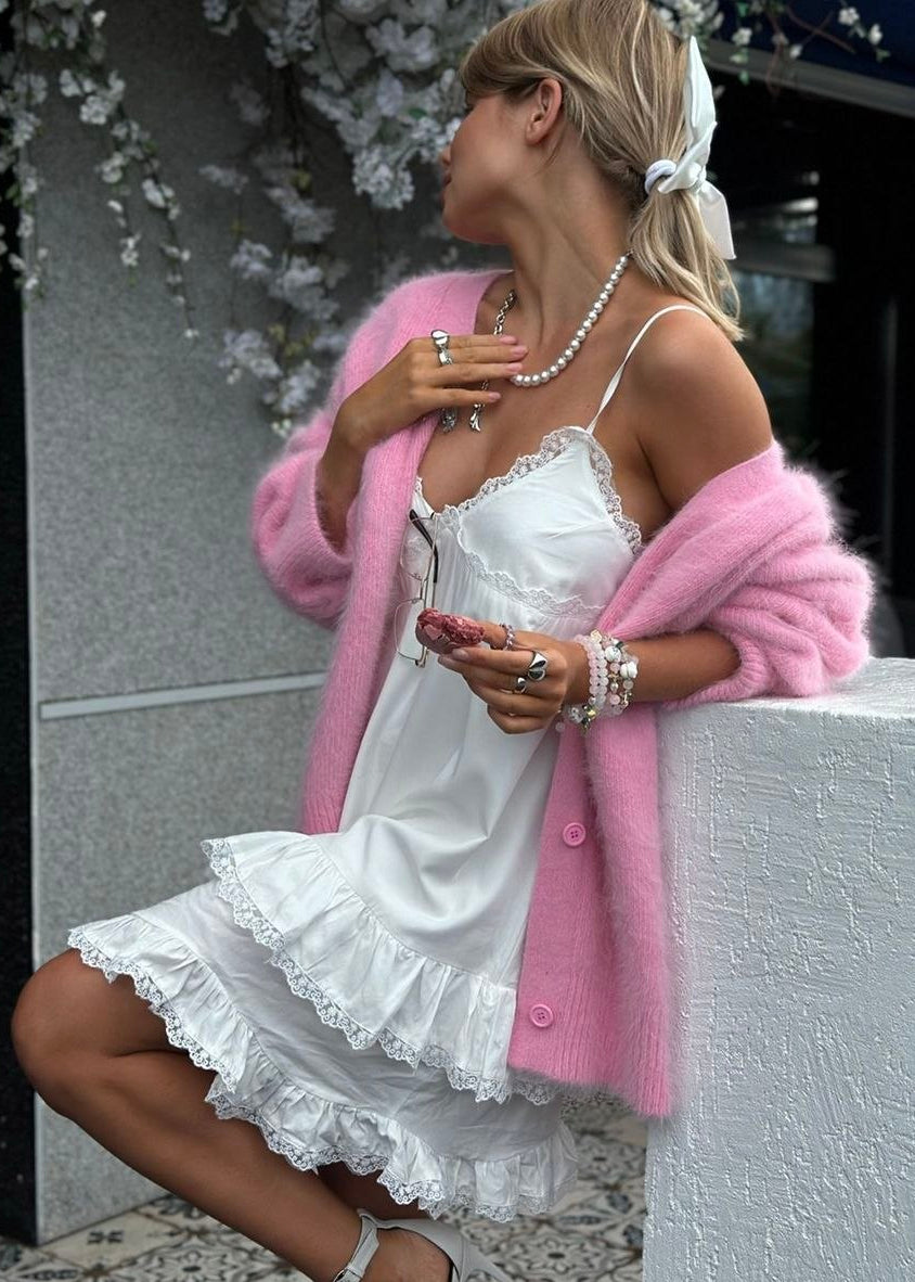 Rosalie Pink Fuzzy V-Neck Cardigan – Soft Oversized Button Sweater