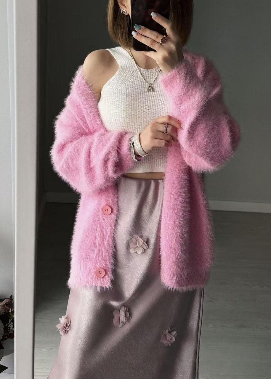 Rosalie Pink Fuzzy V-Neck Cardigan – Soft Oversized Button Sweater