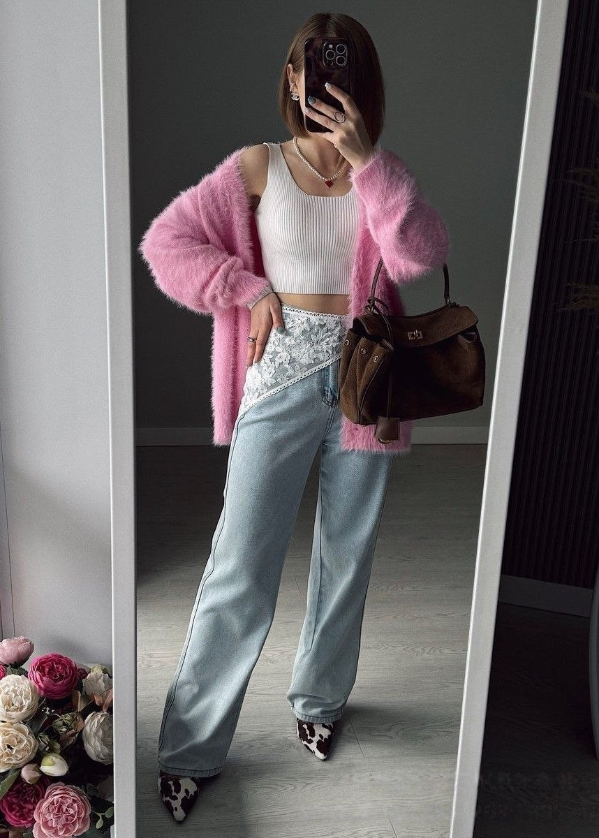 Rosalie Pink Fuzzy V-Neck Cardigan – Soft Oversized Button Sweater
