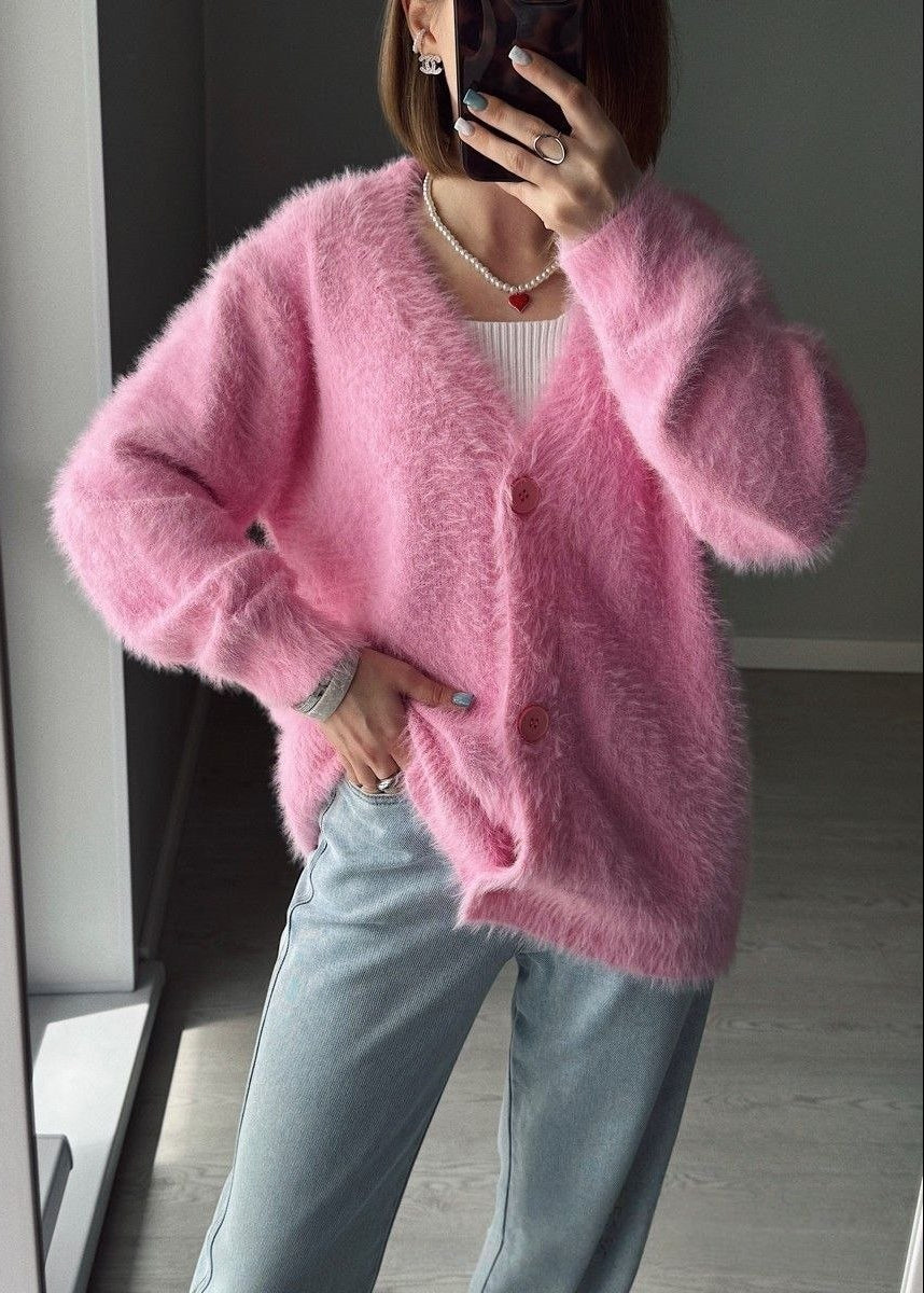 Rosalie Pink Fuzzy V-Neck Cardigan – Soft Oversized Button Sweater