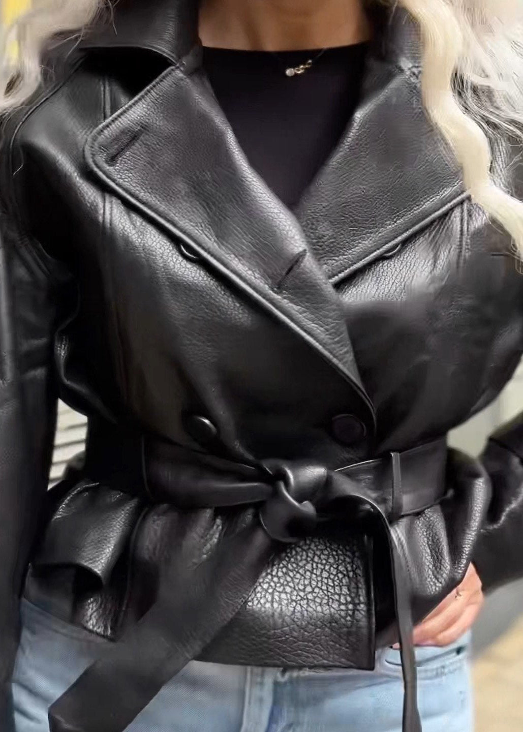 Monroe Belted Faux Leather Jacket – Black Oversized Moto Blazer