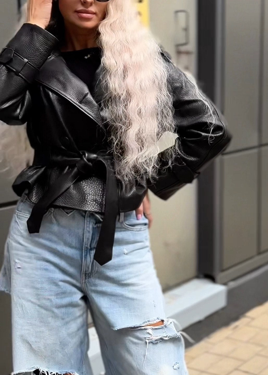 Monroe Belted Faux Leather Jacket – Black Oversized Moto Blazer