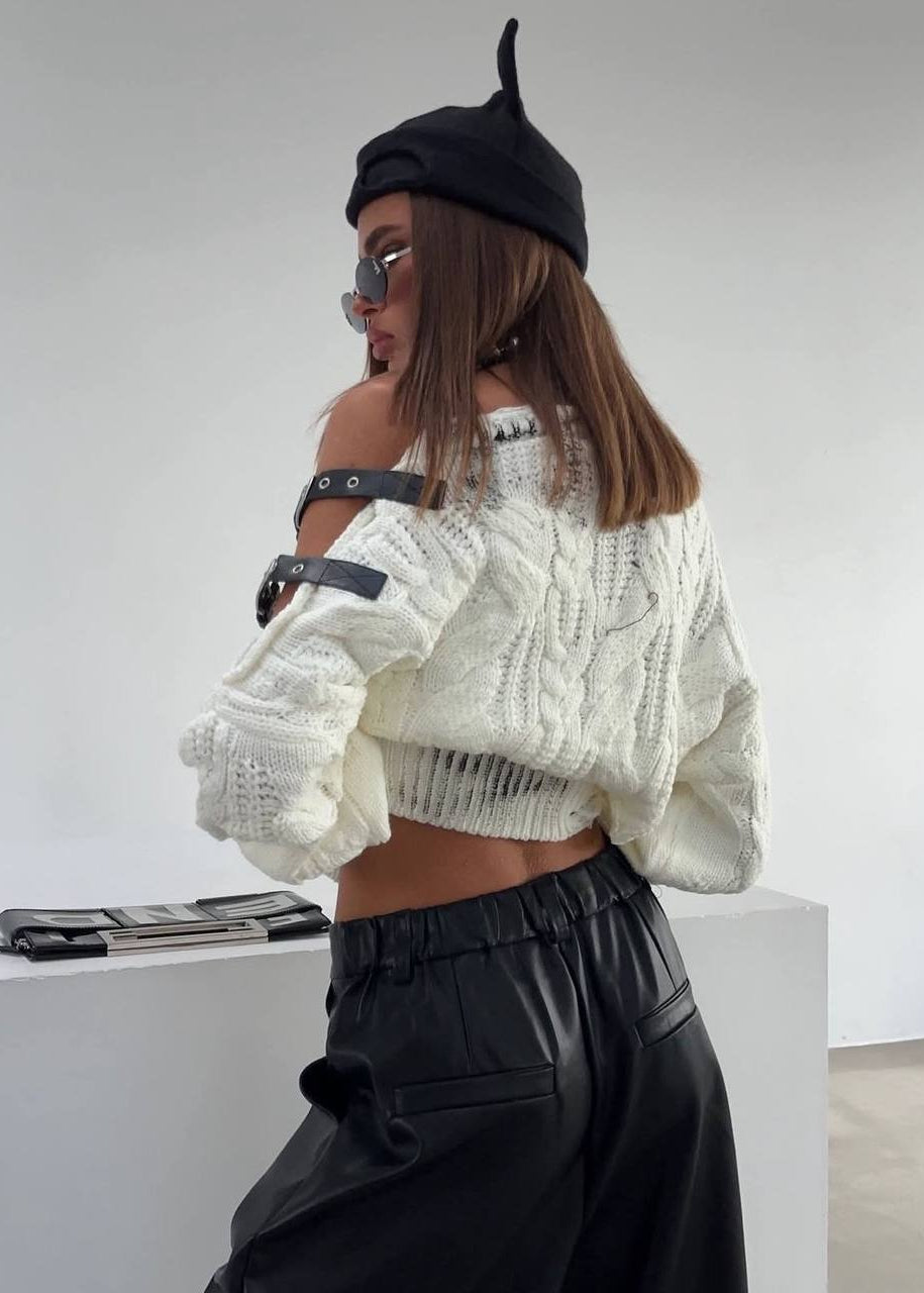 Ivory Distressed Cable-Knit Sweater with Buckle Shoulder Cutout