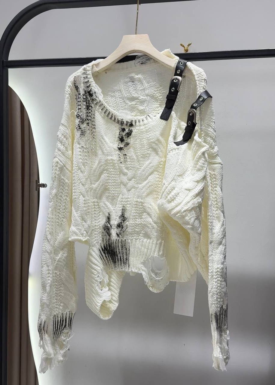 Ivory Distressed Cable-Knit Sweater with Buckle Shoulder Cutout