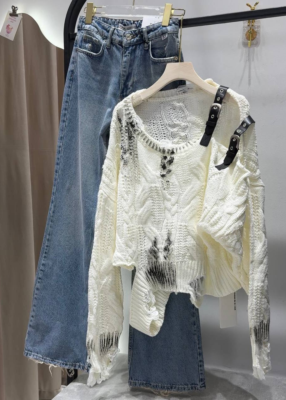 Ivory Distressed Cable-Knit Sweater with Buckle Shoulder Cutout