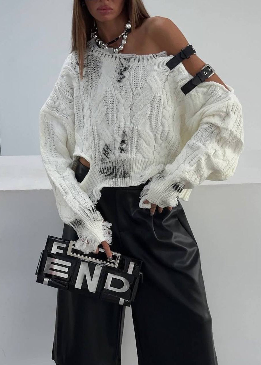Ivory Distressed Cable-Knit Sweater with Buckle Shoulder Cutout