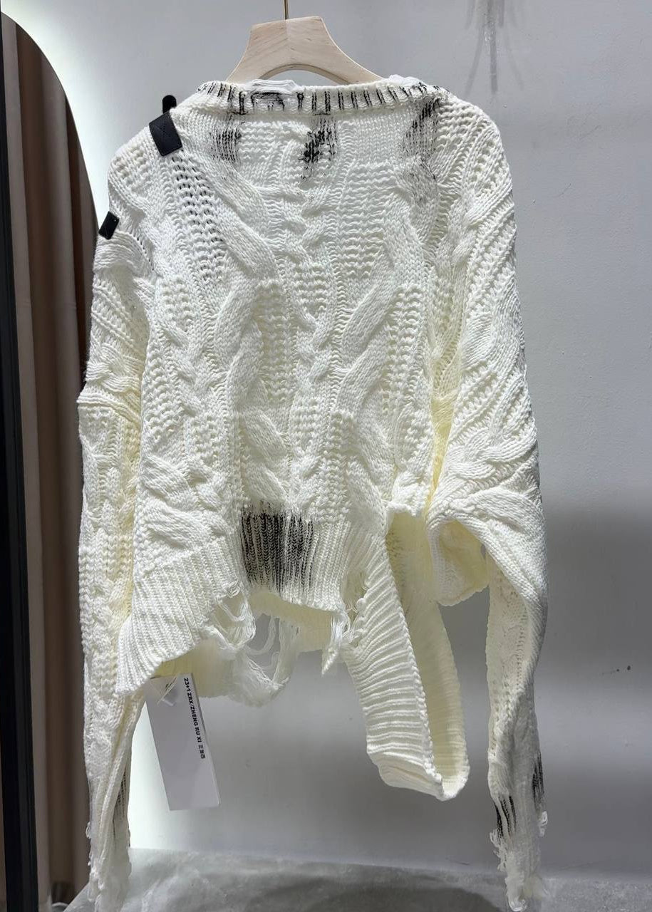 Ivory Distressed Cable-Knit Sweater with Buckle Shoulder Cutout
