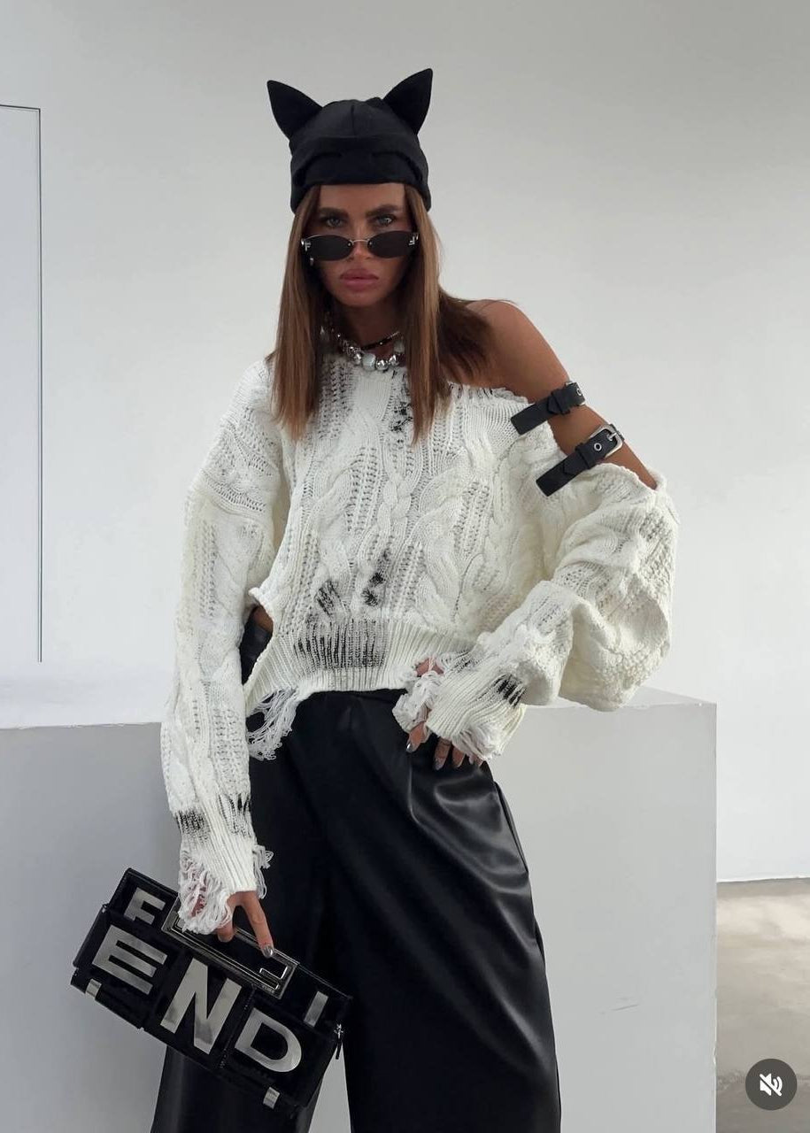 Ivory Distressed Cable-Knit Sweater with Buckle Shoulder Cutout