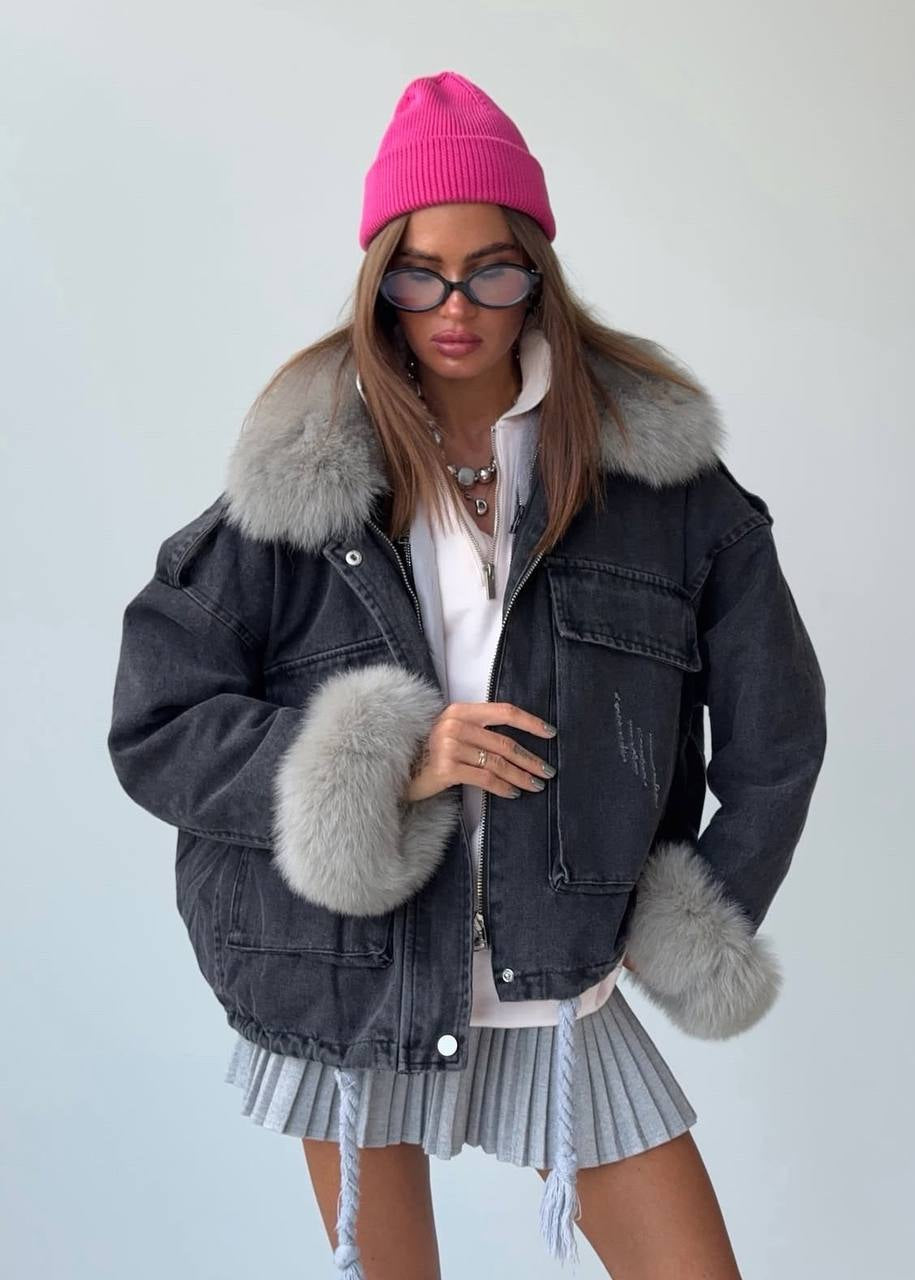 Black Denim Jacket with Gray Fur Collar and Cuffs