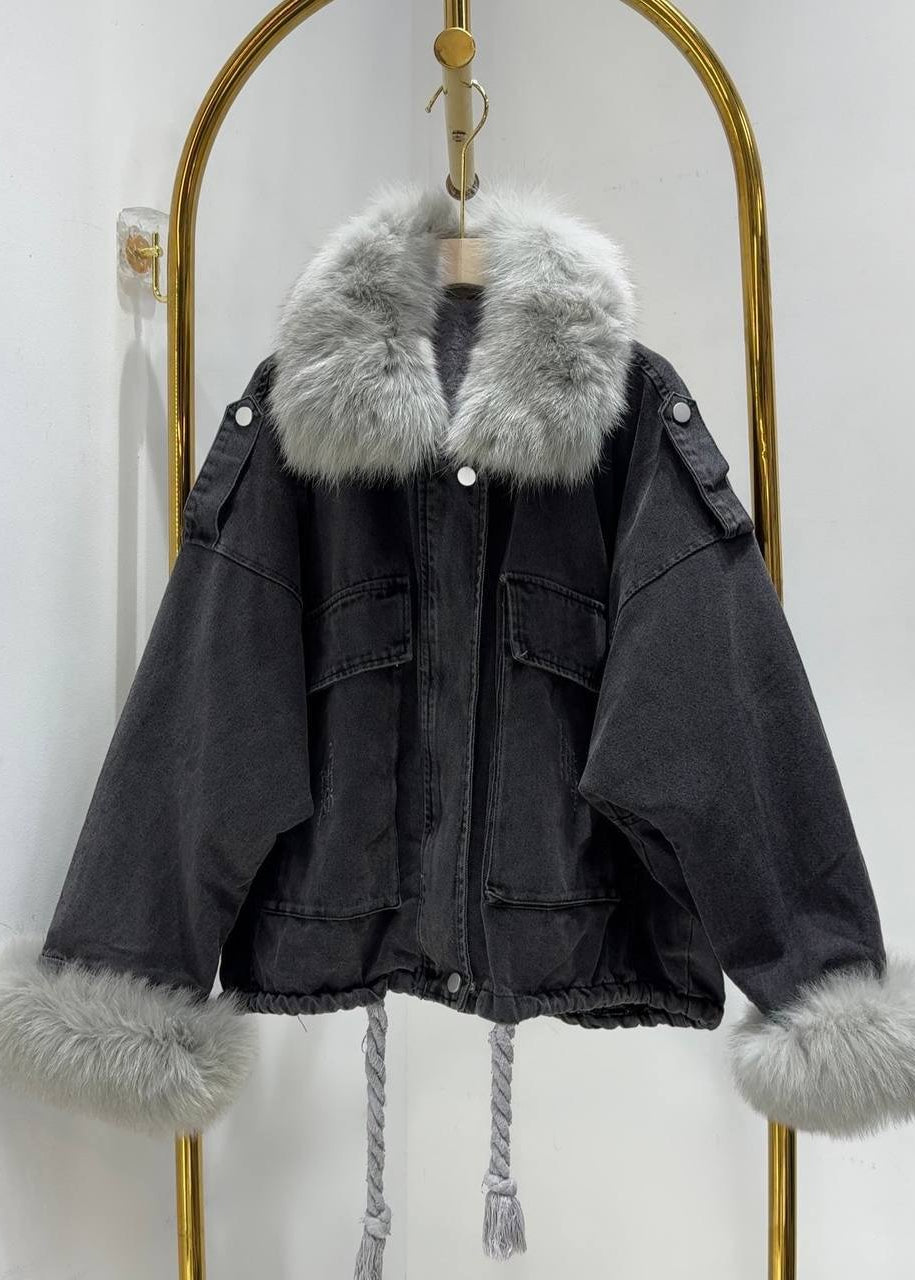 Black Denim Jacket with Gray Fur Collar and Cuffs