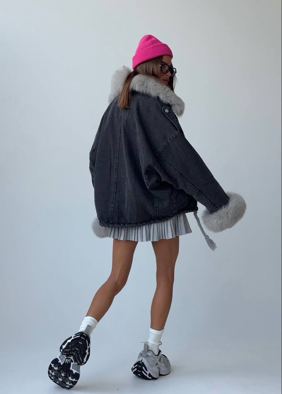 Black Denim Jacket with Gray Fur Collar and Cuffs