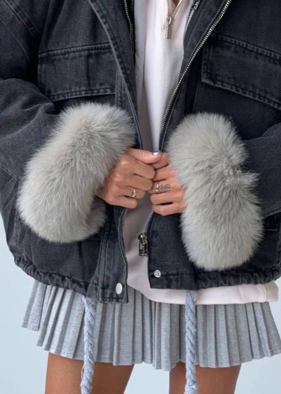 Black Denim Jacket with Gray Fur Collar and Cuffs