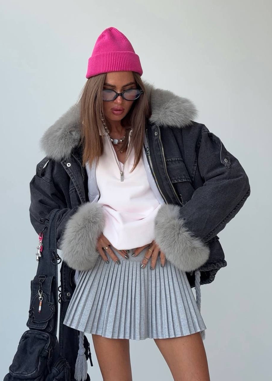 Black Denim Jacket with Gray Fur Collar and Cuffs