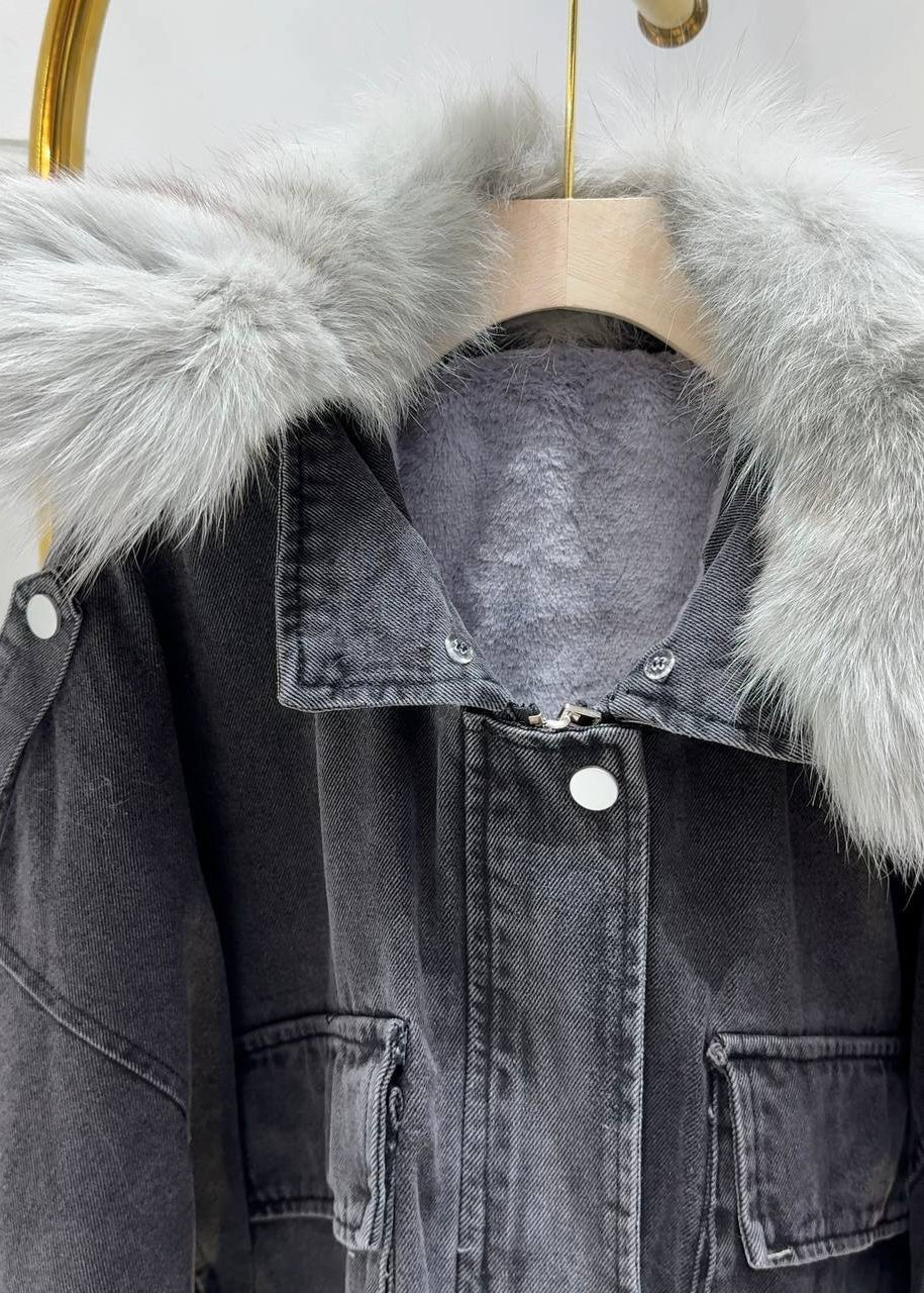 Black Denim Jacket with Gray Fur Collar and Cuffs